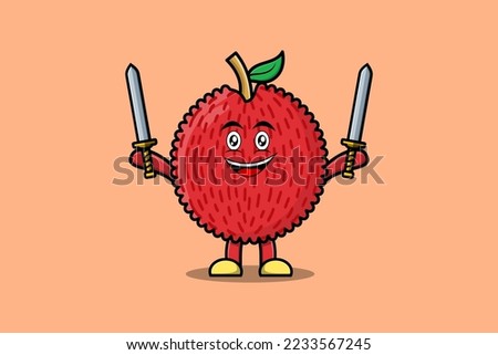 Cute cartoon Lychee character holding two sword in 3d modern design illustration