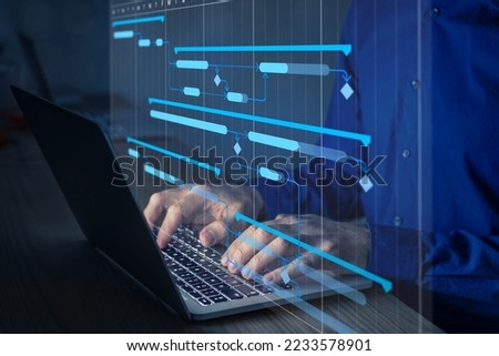 Project manager working with Gantt chart schedule to plan tasks and deliverables. Scheduling activities with planning software. Project management diagram on computer screen. Royalty-Free Stock Photo #2233578901
