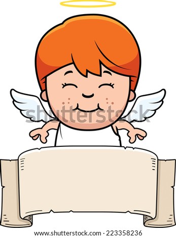 A cartoon illustration of a angel boy with a banner.