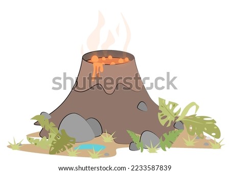 Cartoon volcano with lava in the age of dinosaurs