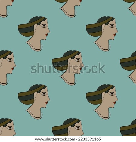 Seamless pattern with female portraits. On turquoise green background. Ancient Greek woman from Akrotiri.