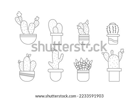 Set of cactus in potted by black thin line set collection illustration.