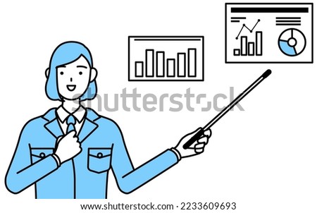 Simple line drawing illustration of a woman in work wear analyzing a performance graph, an image of DXing.