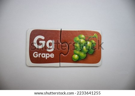 Knowledge puzzle with grape text and grape picture placed on top of a white background, intertwined.