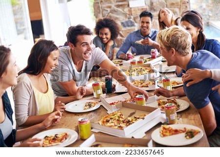 Lunch, happy friends and pizza party with food, drinks and conversation, social gathering and get together. Young people, group and happiness at fast food pizzeria, restaurant and celebration at home Royalty-Free Stock Photo #2233657645
