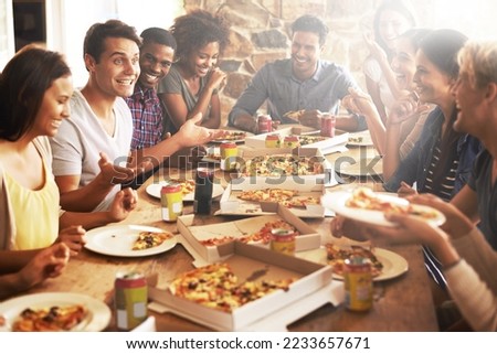 Restaurant, pizza and group of people eating together for holiday celebration, birthday party or social event with diversity, happy and youth. Soda drink, food and fast food cafe with friends talking Royalty-Free Stock Photo #2233657671