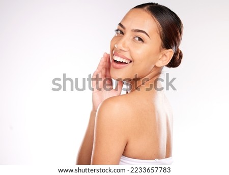 Skincare, portrait and woman in studio for wellness, beauty and luxury secret on white background mockup. Face, skin and body care by girl model relax with facial, skin care and cosmetic treatment