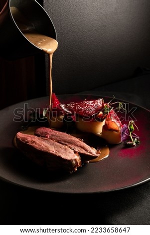 food elegant expensive dish plate dark black gourmet dinner chef Royalty-Free Stock Photo #2233658647