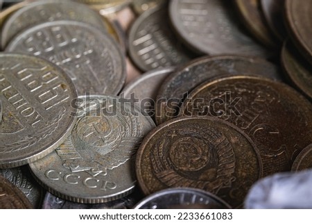 Soviet and russian coins close-up. A bunch of coins. Coins of the USSR with a denomination of 3 kopecks and 2 kopecks, 15 kopecks, 