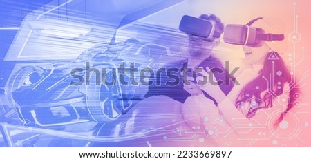 virtual reality car racing simulation gaming background of two players wearing 3D headset using controller playng racing game together
