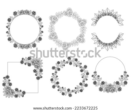 Hand drawn Flower wreath and floral frame clipart for wedding invitation elements. Elegant floral collection with isolated white background. Vector flowers set. Beautiful flower wreath.