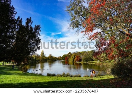 People watching the lake and colorful autumn in a sunny day in the park.