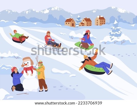 Happy kids enjoying winter and snow, sliding down slope on sleds and snow tubing on winter holidays, making snowman. Flat vector illustration for childhood, winter outdoor activities, holiday concept Royalty-Free Stock Photo #2233706939