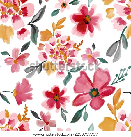 Abstract Digital Paint Watercolor Mix Flowers and Leaves Seamless Pattern Isolated Background