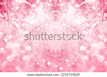 Defous viva magenta. Color of the year 2023. Pantone. winter Holidays Falling Snow nature Background. Christmas, New Year Celebration Snowflakes Pattern. Realistic Flying Snow, Storm Sky.Out of focus.