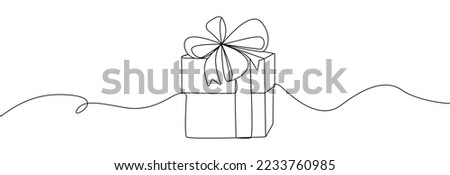 Gift box one line drawing. Continuous one line gift box.Presents with ribbon bow.Hand drawn greeting present box.Line art christmas surprise. Royalty-Free Stock Photo #2233760985
