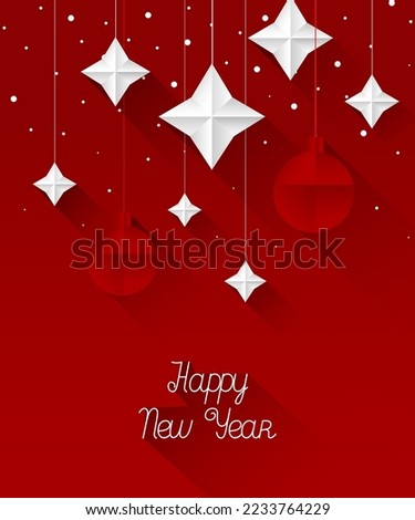 Red toys and white stars with snow on a red background. Merry Christmas and Happy New Year vector illustration.