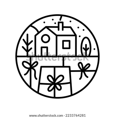 Christmas logo advent composition house and gift boxes. Hand drawn winter vector constructor monoline in two half round frames for greeting card.