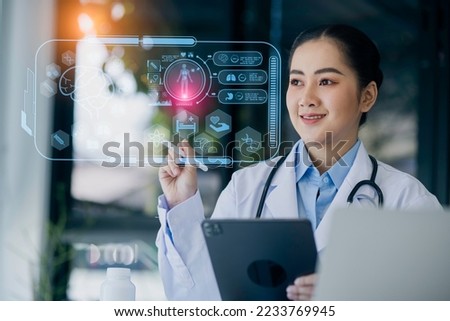 Double exposure of healthcare And Medicine concept. Doctor using modern virtual screen interface icons.