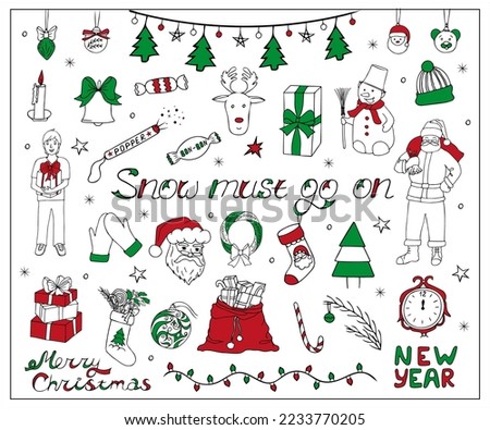 Christmas set of festive symbols and design elements.  Hand drawn colorful doodle illustration on white background.