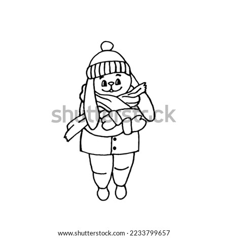 Cute little rabbit in warm clothes shivering in the cold. Vector illustration of a cartoon bunny in the style of doodles.
