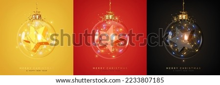 Christmas ornaments glass transparent balls. Set of Christmas ball inside bright light garlands, realistic 3d colorful star, hanging on gold ribbon. Festive decoration objects. vector illustration Royalty-Free Stock Photo #2233807185