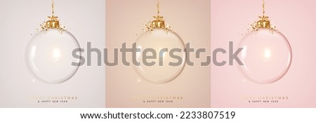 Christmas ornaments glass transparent balls empty inside. Set of Christmas ball hanging on gold ribbon. Festive decoration objects. vector illustration Royalty-Free Stock Photo #2233807519