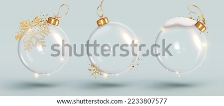 Christmas ornaments glass transparent balls empty inside. Set of Christmas ball hanging on gold ribbon. Festive decoration objects. vector illustration