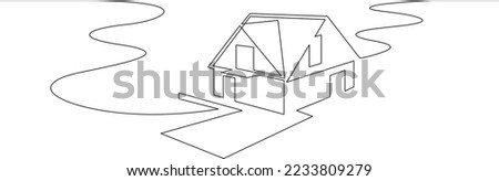 One continuous line. Modern house near the water. Minimalist house on the beach. One continuous line on a white background. Royalty-Free Stock Photo #2233809279