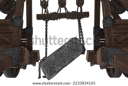 antique wooden machine with a building stone on a white background