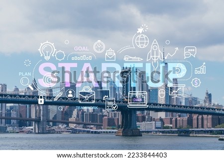 Brooklyn and Manhattan bridges with New York City financial downtown skyline panorama at day time over East River. Startup company, launch project to seek and develop scalable business model, hologram