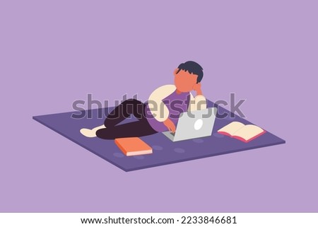 Graphic flat design drawing little boy character lying on floor and typing on laptop keyboard. Cute child using computer and learning from home. Kid studying at home. Cartoon style vector illustration