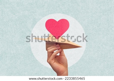 Paper airplane carrying a red heart jigsaw puzzle. Concept of notification. Art Collage. Royalty-Free Stock Photo #2233855465