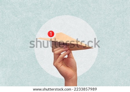 New notification. Paper plane arrives with new notification on a background. Art collage. Royalty-Free Stock Photo #2233857989
