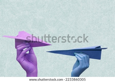 Hand holding paper planes arrive to meet. Art collage.