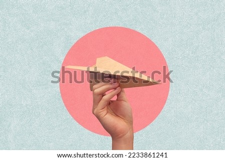 Hand holding a paper plane on a circle background. Ideas for travel. Art collage. Royalty-Free Stock Photo #2233861241
