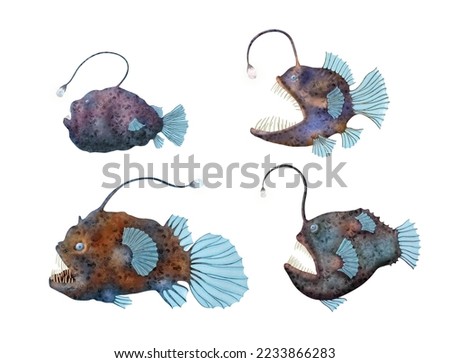 Anglerfish watercolor illustration isolated on white. Creepy deep water fishes. Ugly sea creatures. Underwater sea life