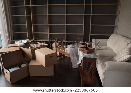 Mess of cardboard moving boxes stacked on empty living room floor at pale couch and unpacked assembled wooden piece furniture. New apartment, flat, house space during relocation Royalty-Free Stock Photo #2233867505