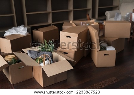 Heap of cardboard relocation boxes stacked on empty living room floor with no people. Apartment furniture, bookshelves, sofa in background. Moving containers in new flat with nobody Royalty-Free Stock Photo #2233867523