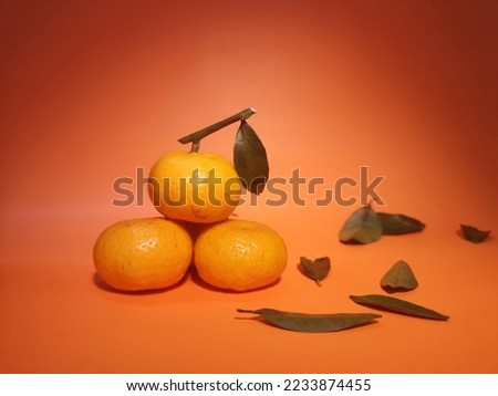 Mandarin oranges with leaves on orange background. isolated 