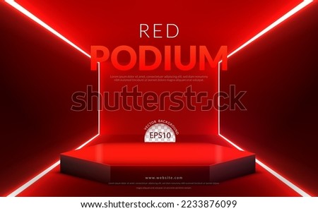 Red background concept, red polygon Podium with neon light on red room, Vector illustration