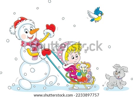 Funny snowman sledging a happy cute little girl with a toy baby elephant and walking and playing with a merry pup and a small bird on a snowy winter day, vector cartoon illustration on white