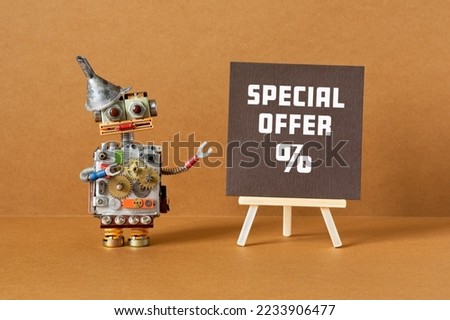 Special offer. The concept of a discount, a guaranteed unique price. The robot points to a poster announcing discounts when buying