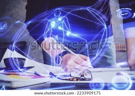 Man's hands working with notes background. Scientist checklist or entry data, research and experiment concept. Double exposure.