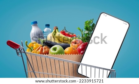 Supermarket shopping cart full of groceries and smartphone with blank screen, online grocery shopping concept Royalty-Free Stock Photo #2233915721