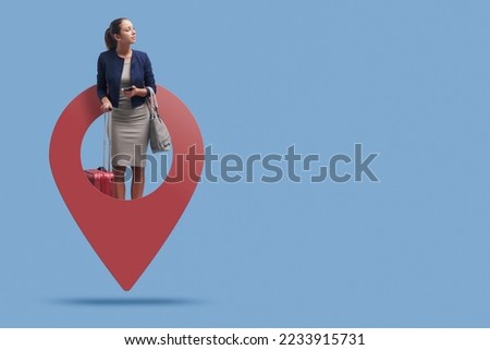 Traveling businesswoman woman in a GPS pin, travel and business trip concept