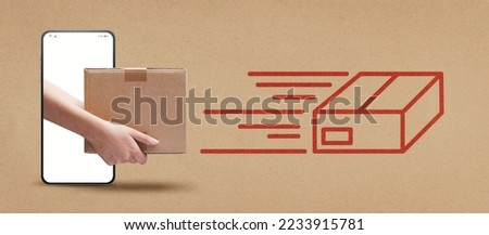 Courier delivering a parcel on smartphone screen and package icon, fast delivery service mobile app Royalty-Free Stock Photo #2233915781