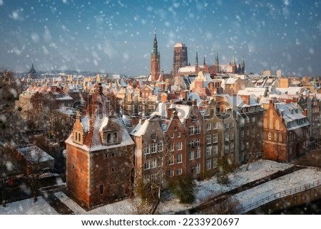 Beautiful scenery of the Main Town in Gdansk at snowy winter, Poland Royalty-Free Stock Photo #2233920697