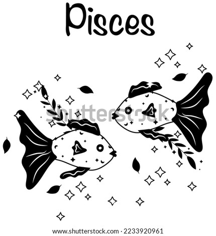 Black and white Pisces astrological sign. Funny Zodiac sign with colorful leaves and stars around. Pisces perfect for posters, logo, cards. Vector illustration.