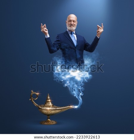 Corporate businessman genie coming out from a magic lamp, he is snapping fingers and fulfilling your wishes Royalty-Free Stock Photo #2233922613